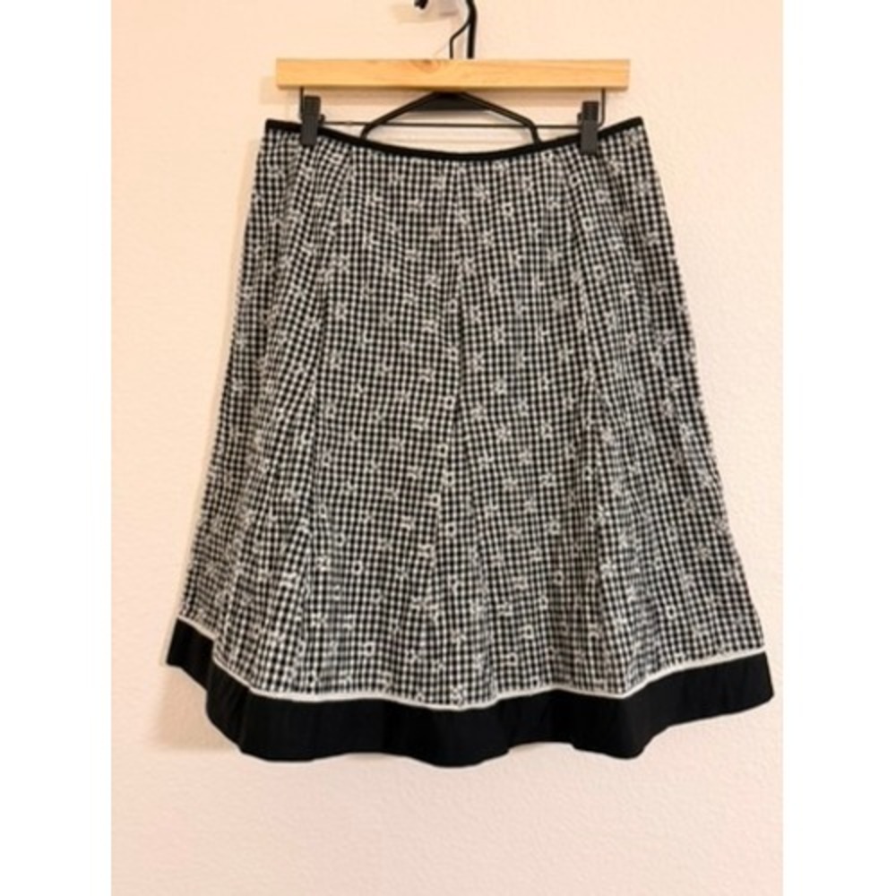 Y2K Dressbarn Gingham Eyelet A-Line Skirt Black White Floral Lace Trim Size 10